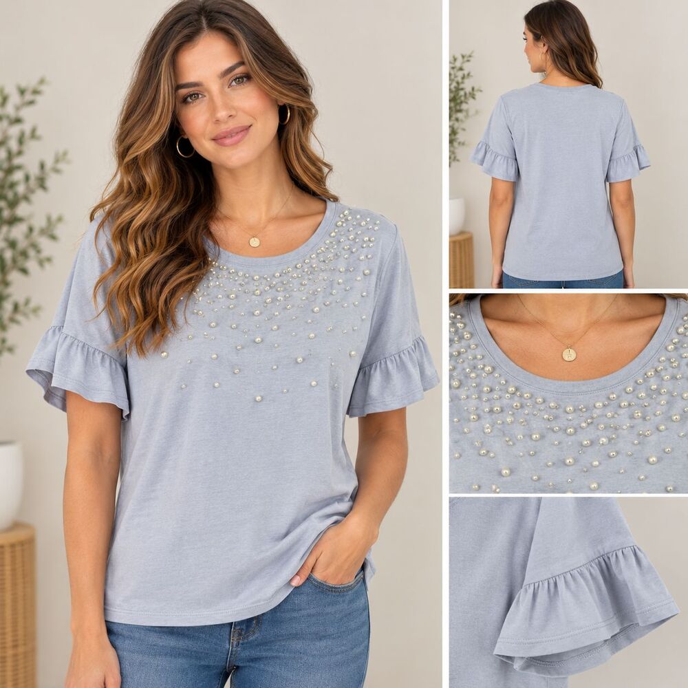 NWT Karl Lagerfeld Paris Light Blue Pearl-Embellished Top Womens Size Small